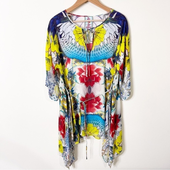Johnny Was Tops - Johnny Was Floral Multicolor Flash Tie 3/4-Sleeve Printed Tunic Top Small NWT